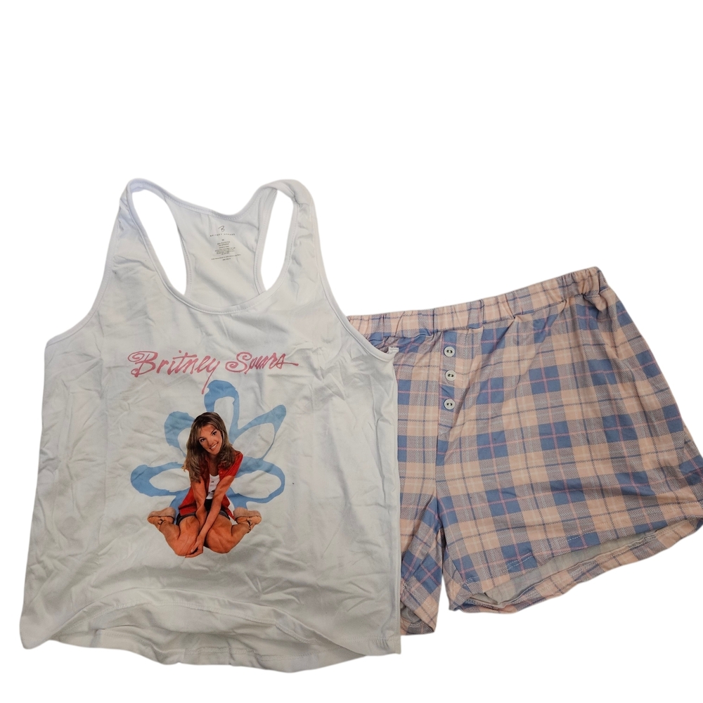 Britney Spears Pajama Set Large Graphic Tank Top Plaid Shorts Pop Star Celeb w57